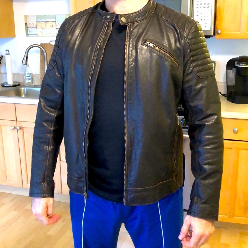 Men’s Dark Brown Leather Bomber Jacket EUC